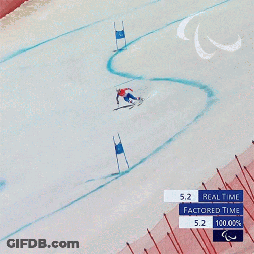 A Person Skiing Down A Snowy Slope With A Scoreboard That Says 8.2 Real Time Factored Time 8.2 And 100.00 % GIF