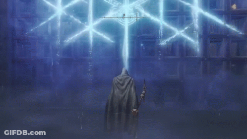 A Person Standing In A Dark Room With A Blue Light Coming Out Of The Ceiling GIF