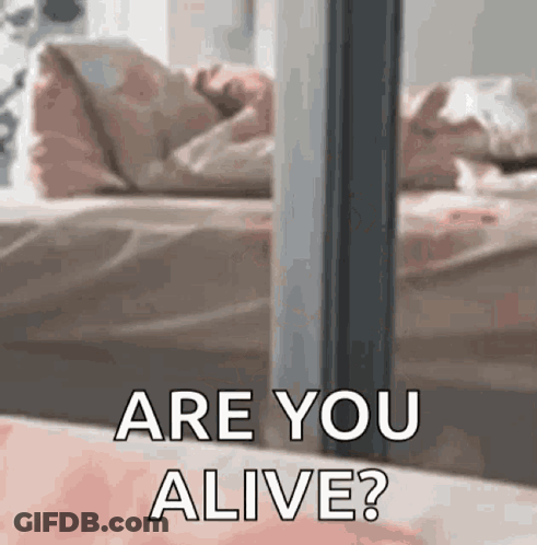 A Person Standing In Front Of A Bed With The Words `` Are You Alive '' Written On It . GIF