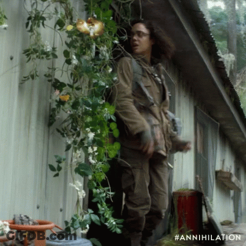 A Person Standing In Front Of A Building With The Hashtag #Annihilation On The Bottom GIF
