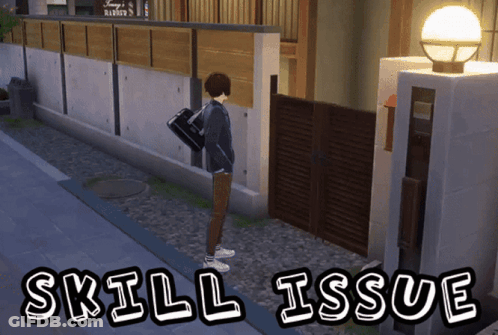 A Person Standing In Front Of A Building With The Words Skill Issue Written On The Bottom GIF