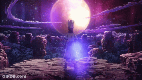 A Person Standing In Front Of A Full Moon With A Purple Light Coming Out Of Their Back GIF