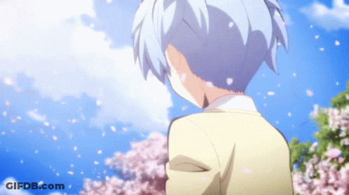 A Person Standing In Front Of A Tree With Cherry Blossoms GIF