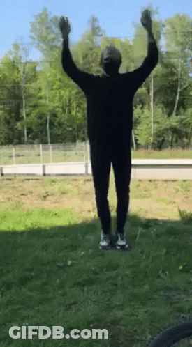 A Person Standing In The Grass With Their Arms Up In The Air GIF