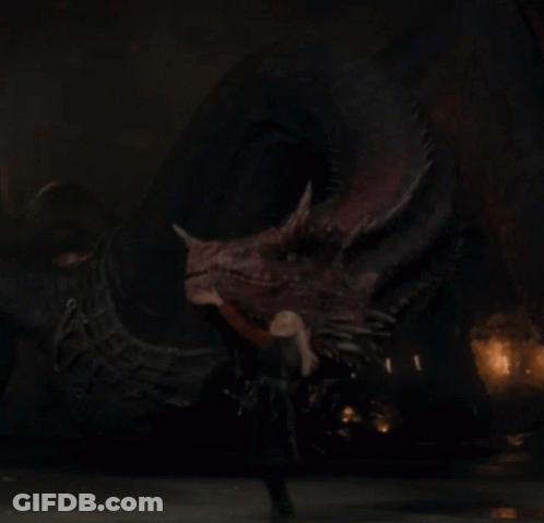 A Person Standing Next To A Large Dragon With A Fire In The Background GIF