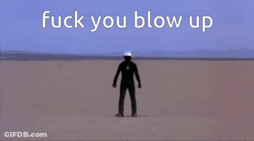 A Person Standing On A Beach With The Words " Fuck You Blow Up " On The Bottom GIF