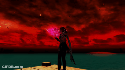 A Person Standing On A Dock Holding A Purple Object GIF