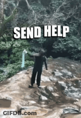 A Person Standing On A Rock With The Words Send Help Written On It GIF