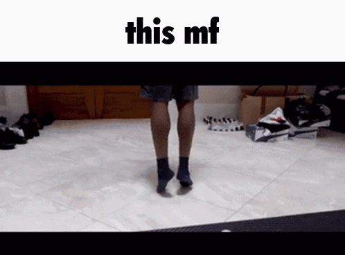 A Person Standing On A Tiled Floor With The Words This Mf Written Above Them GIF