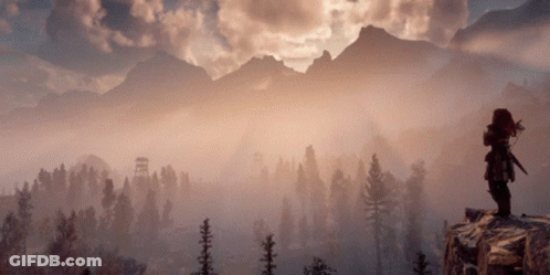 A Person Standing On Top Of A Mountain Looking Out Over A Foggy Forest GIF