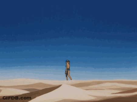 A Person Standing On Top Of A Sand Dune With A Blue Sky Behind Them GIF