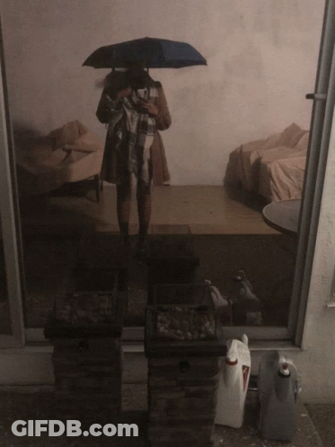 A Person Standing Under An Umbrella In A Room GIF