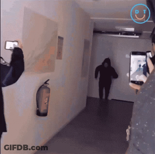 A Person Taking A Picture Of A Person In A Hallway With A Dt Logo On The Bottom GIF
