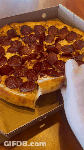 A Person Taking A Slice Of Pepperoni Pizza Out Of A Cardboard Box GIF