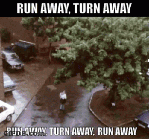 A Person Walking Down A Street With A Caption That Says Run Away Turn Away GIF