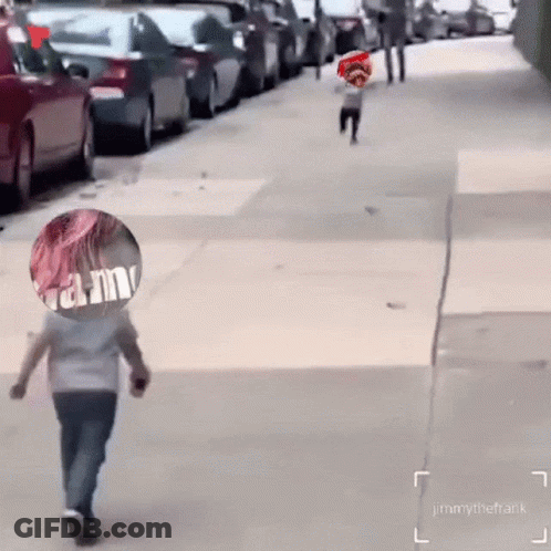 A Person Walking Down A Street With A Circle On Their Head That Says Farm GIF