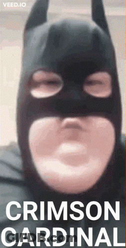 A Person Wearing A Batman Mask With The Words Crimson Cardinal Below GIF