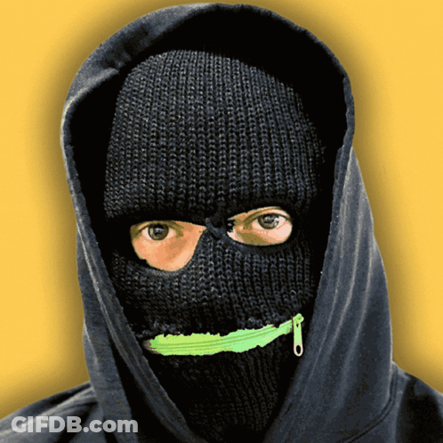 A Person Wearing A Black Ski Mask With A Green Zipper On It GIF