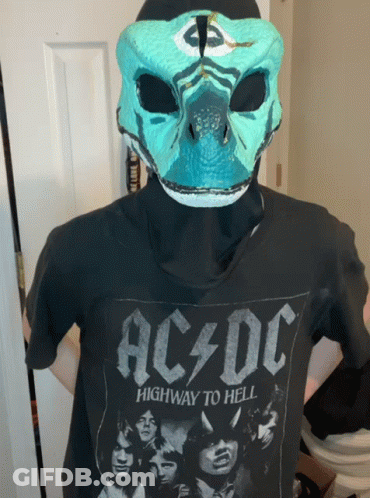 A Person Wearing A Blue Mask And A Black Ac Dc Highway To Hell Shirt GIF