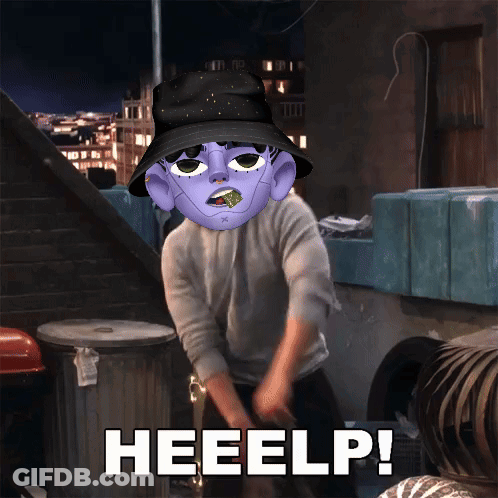 A Person Wearing A Bucket Hat With A Purple Face And The Words Heeelp On The Bottom GIF