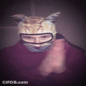 A Person Wearing A Cat Mask With A Red Shirt GIF