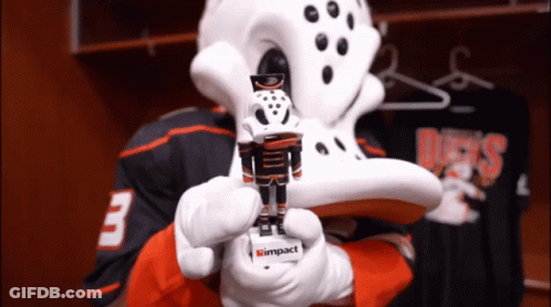 A Person Wearing A Ducks Jersey Is Holding A Small Figurine GIF