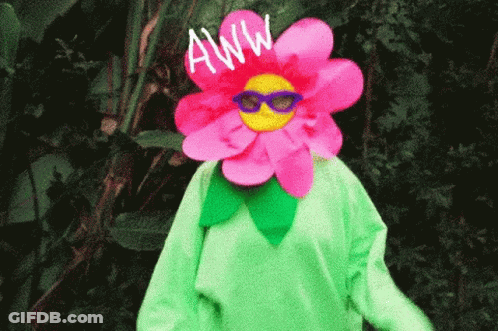 A Person Wearing A Flower Costume With The Word Aww Written Above It GIF