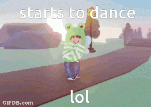 A Person Wearing A Frog Hat With The Words " Starts To Dance Lol " On The Bottom GIF
