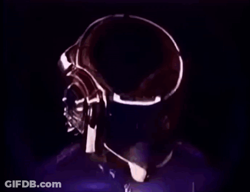 A Person Wearing A Futuristic Helmet With A Skull On It Is Surrounded By Purple Lights . GIF