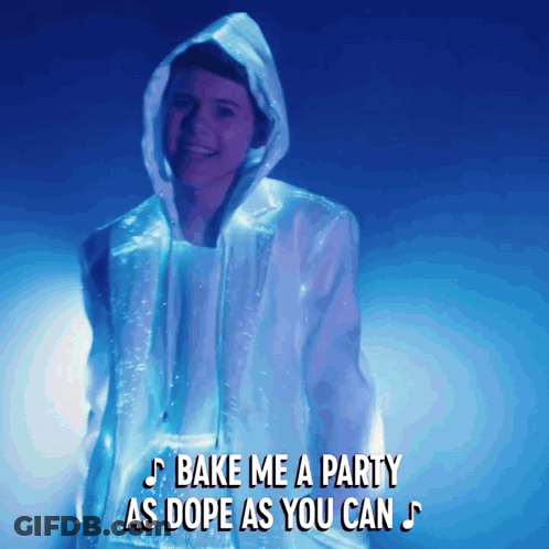 A Person Wearing A Glow In The Dark Jacket With The Words Bake Me A Party As Dope As You Can GIF