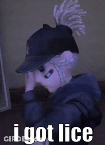 A Person Wearing A Hat Covering Their Face With Their Hands And The Words I Got Lice Below Them GIF