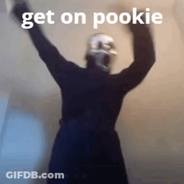 A Person Wearing A Helmet Is Dancing With Their Arms In The Air And The Words `` Get On Pookie '' Above Them . GIF