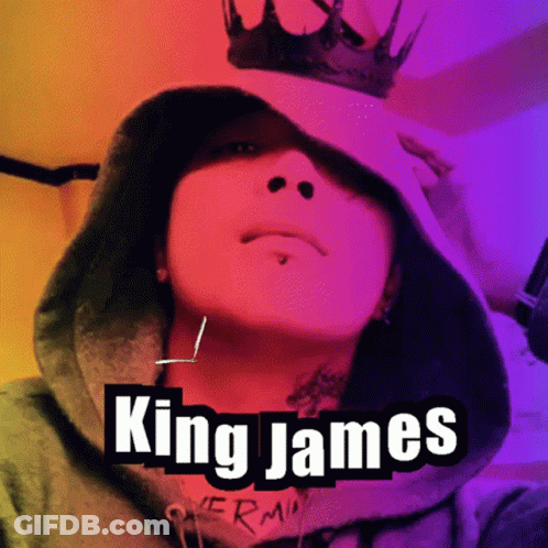 A Person Wearing A Hoodie And A Crown With The Name King James On The Bottom GIF