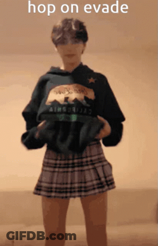A Person Wearing A Hoodie And A Plaid Skirt With The Words Hop On Evade On The Bottom GIF