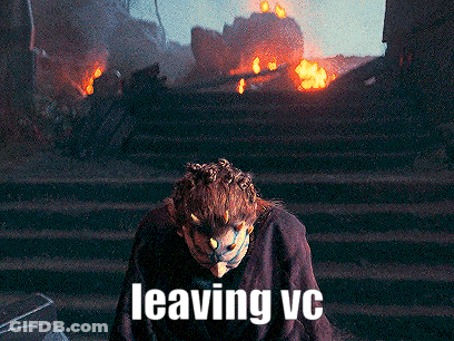 A Person Wearing A Mask With Horns And The Words Leaving Vc Above Them GIF