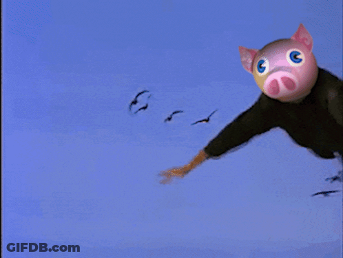 A Person Wearing A Pink Pig Mask Is Flying Through The Air GIF