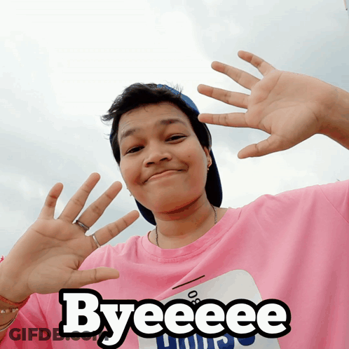 A Person Wearing A Pink Shirt With The Word Byeeee On It GIF