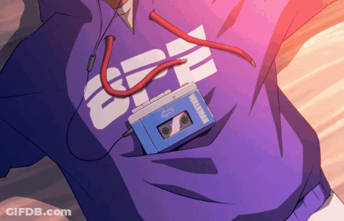 A Person Wearing A Purple Sweatshirt With The Word Walkman On It GIF