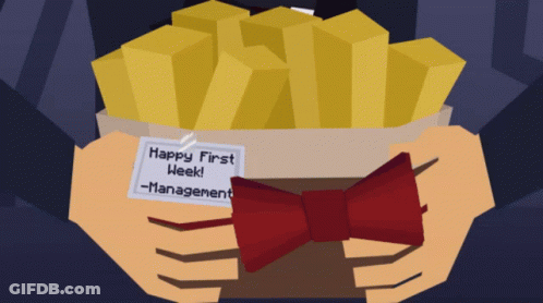 A Person Wearing A Red Bow Tie Is Holding A Bag Of French Fries That Says Happy First Week GIF