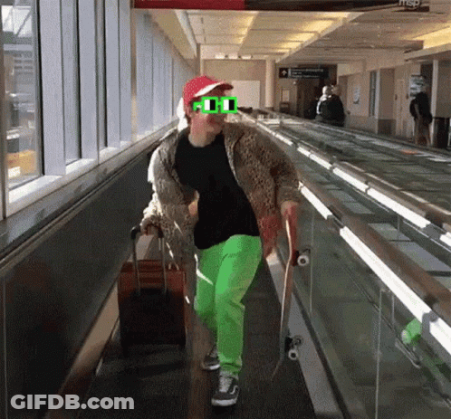 A Person Wearing A Red Hat And Green Sunglasses Is Walking Down An Escalator With A Suitcase And A Skateboard .. GIF