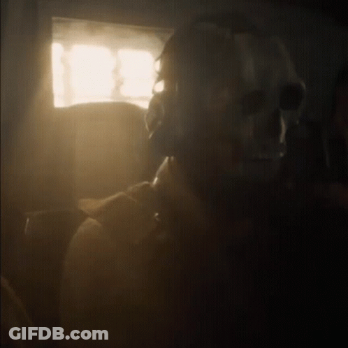 A Person Wearing A Skull Mask Is Sitting In A Dark Room With The Sun Shining Through The Window . GIF