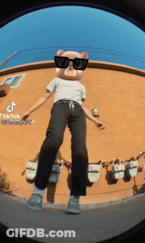 A Person Wearing A Teddy Bear Mask And Sunglasses Is Standing In Front Of A Building With A Tiktok Logo In The Corner GIF