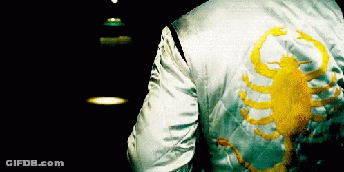 A Person Wearing A White Jacket With A Yellow Scorpion On It GIF