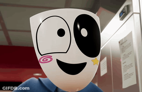 A Person Wearing A White Mask With Black Eyes And A Yellow Star GIF