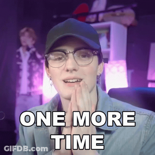 A Person Wearing Glasses And A Hat With The Words One More Time Above Them GIF