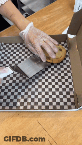A Person Wearing Gloves Is Cutting A Chocolate Chip Cookie In A Box With A Spatula GIF