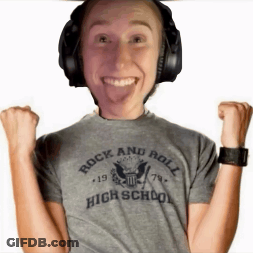 A Person Wearing Headphones And A Rock And Roll High School T-Shirt GIF