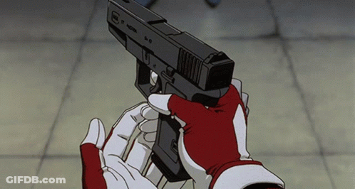 A Person Wearing Red And White Gloves Is Holding A Gun With The Letter E On It GIF