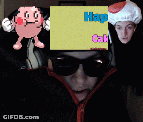 A Person Wearing Sunglasses And A Hat With A Happy Cake Sign On It GIF