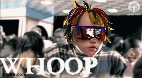 A Person Wearing Sunglasses With The Word Whoop Written On It GIF